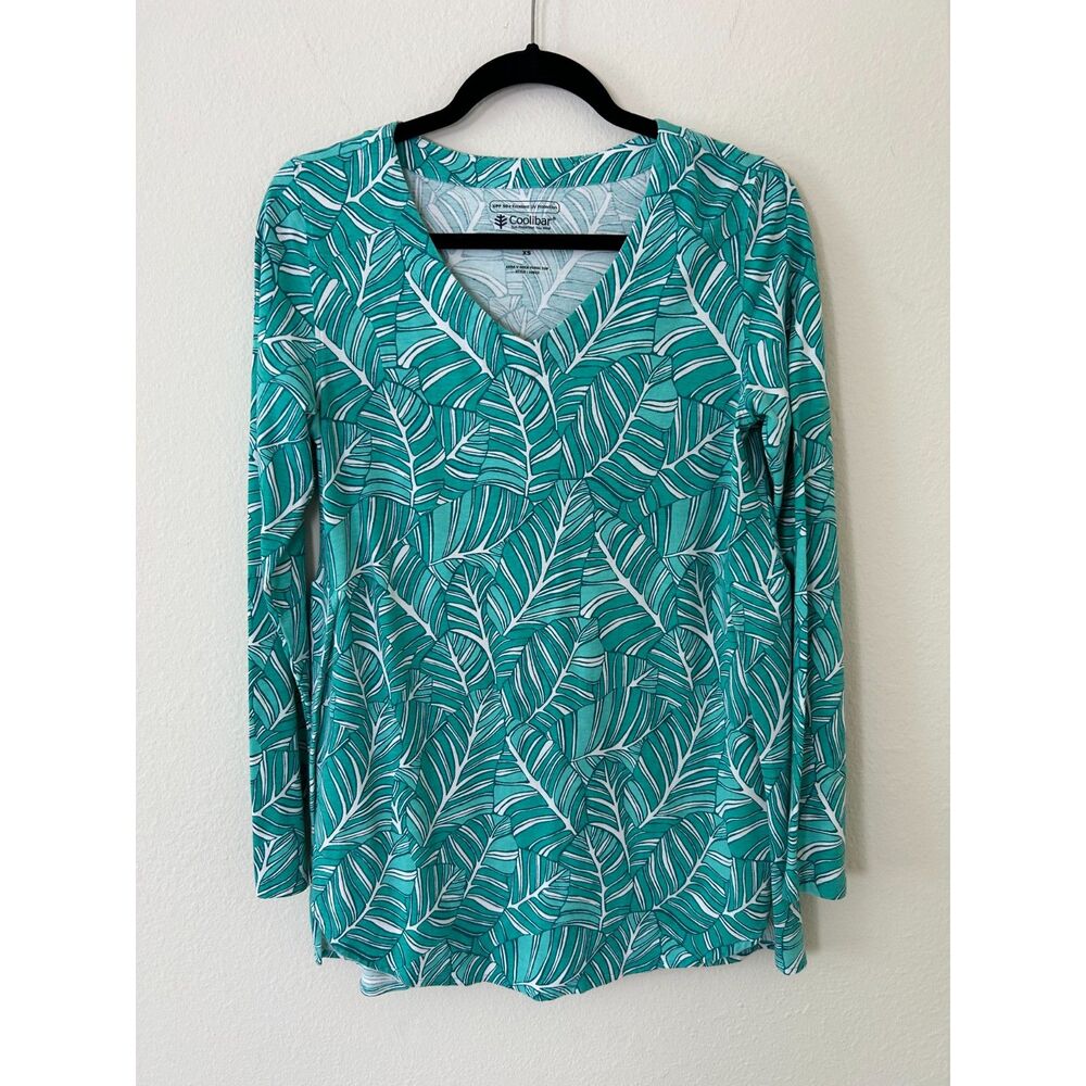 Coolibar Shirt Womens XS‎ Floral Green Kera V-Neck Tunic Tan UPF 50+ Long Sleeve